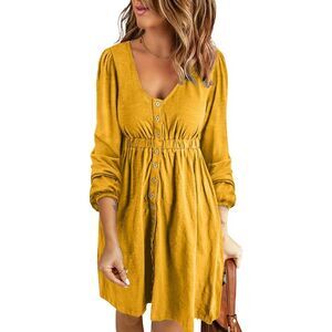 Blencot Yellow Lantern Sleeve Button Down Swing Short Dress Sz L